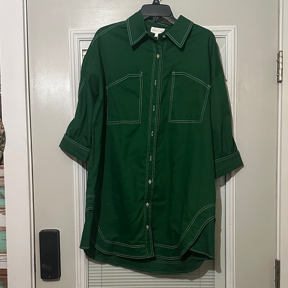 Green Button-Up Women’s Dress with Contrast Stitching